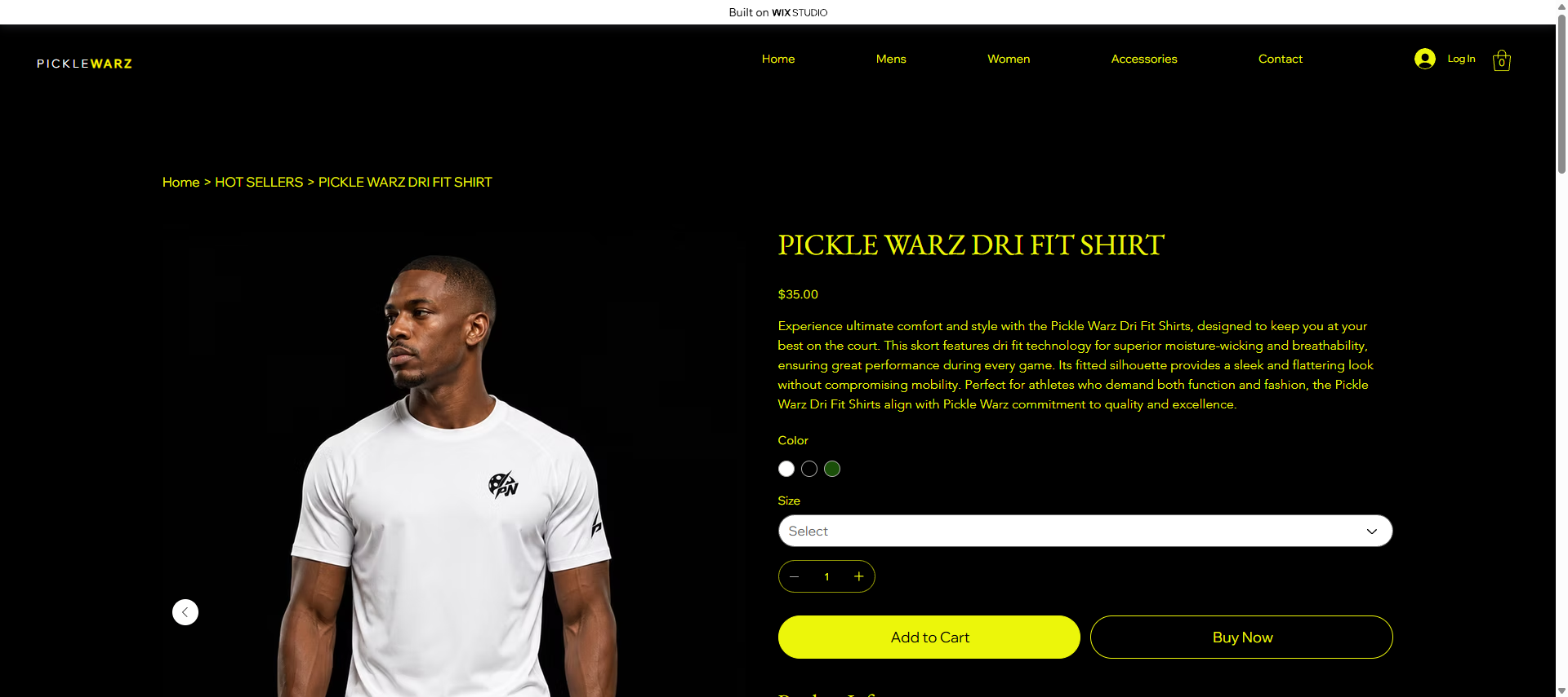 Product page showing size dropdown and dual CTAs